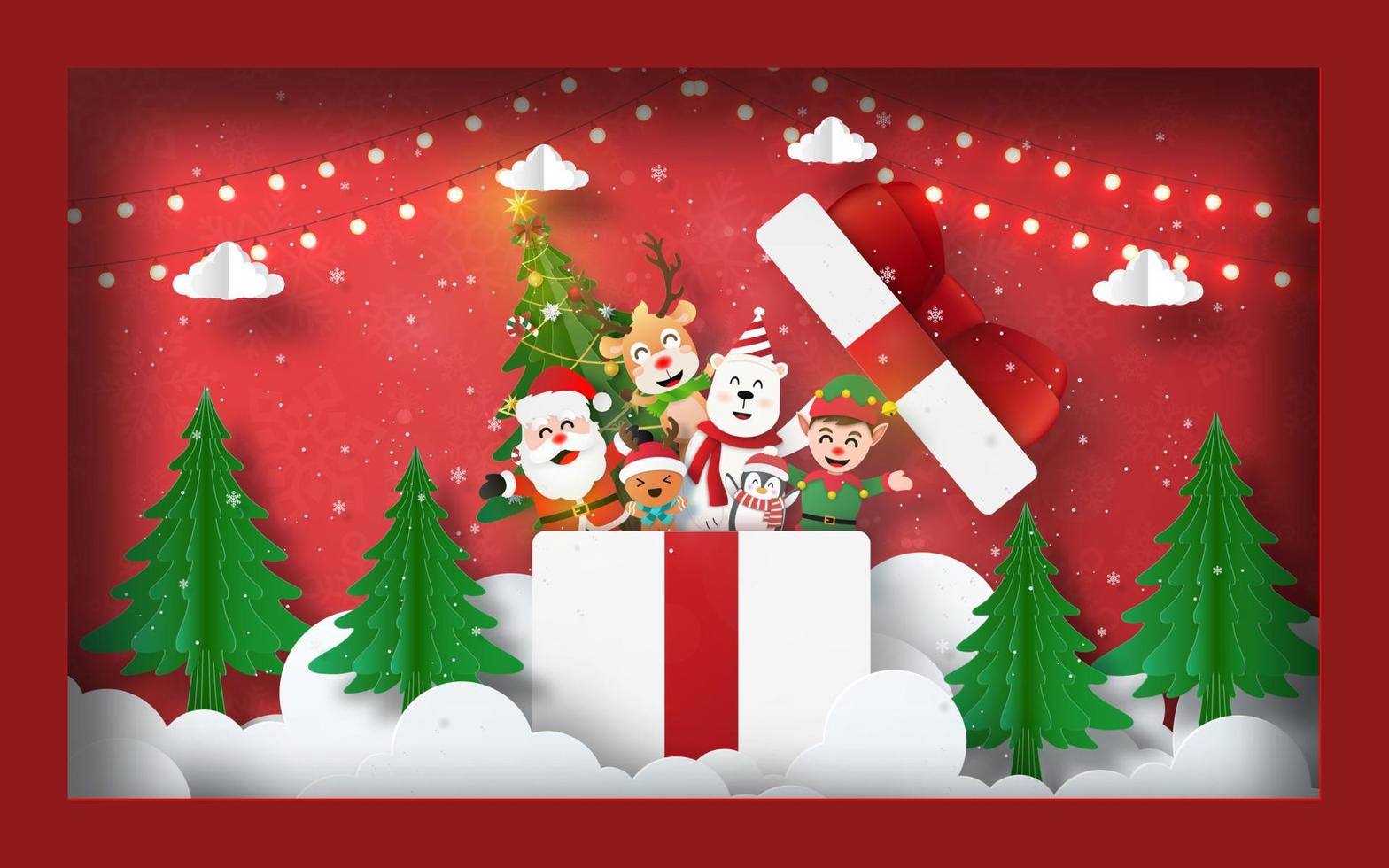 kerst briefkaart banner achtergrond, lege foto met de kerstman en vrienden in geschenkdoos vector