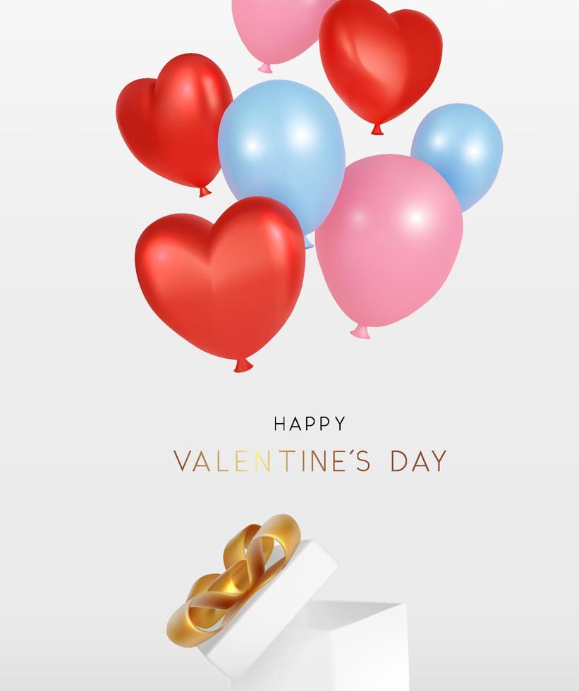 gelukkige Valentijnsdag met open geschenkdoos en vliegende ballon realistische vectorillustratie vector