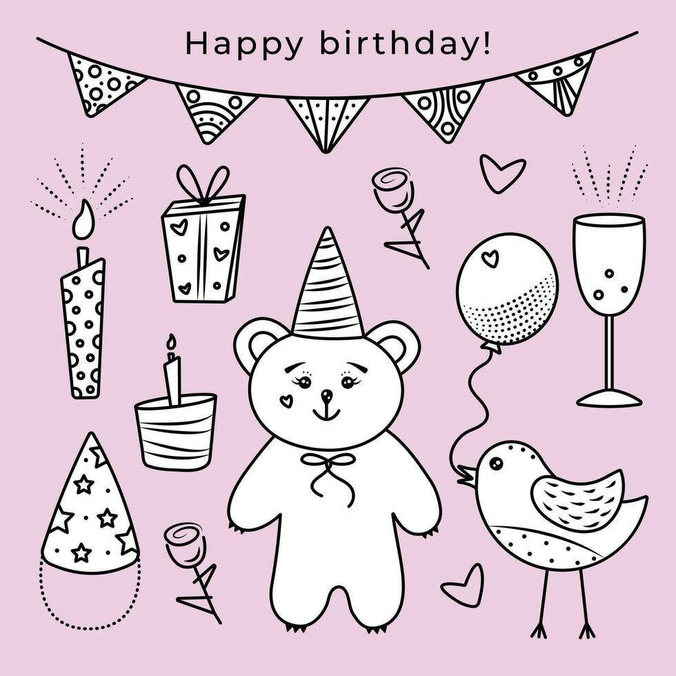 kawaii verjaardag tekening reeks zwart en wit stickers, schattig vector items Aan licht roze achtergrond