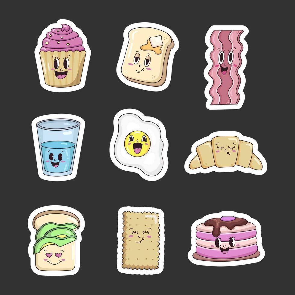 grappig voedsel stickers met een glimlach. voedsel stickers set. sticker van koekje, brood, spek, water, ei, croissant, avocado, kraker, taart. vector illustratie