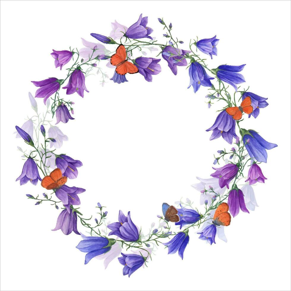 krans met voorjaar blauw campanula en vliegend oranje vlinders. botanisch waterverf illustratie vector