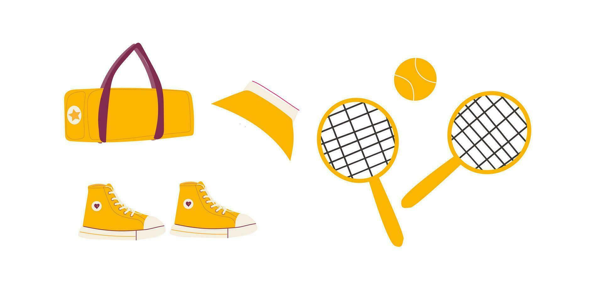 tennis reeks sporting uitrusting met zak en kap. vector illustratie geïsoleerd. tennis racket, bal, sport schoenen, zak en meisjes kap. geel uitrusting en weer voor tennis.