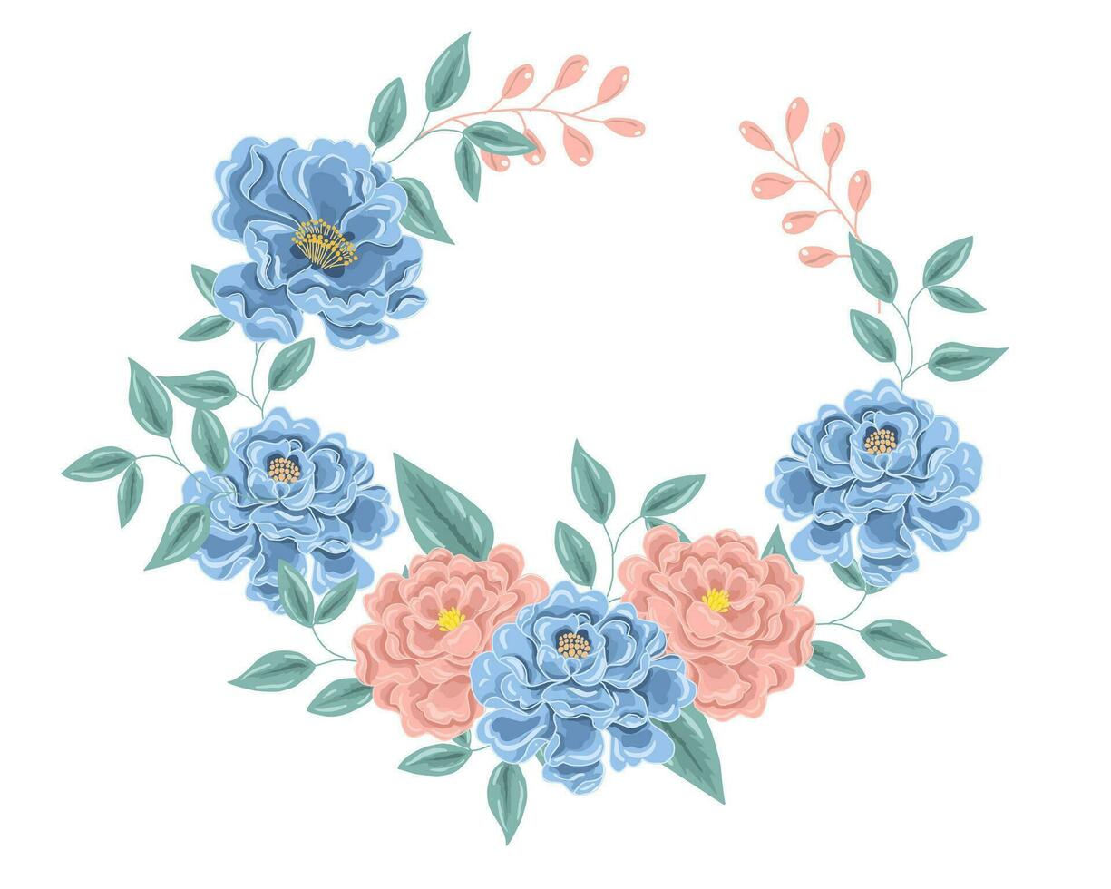 hand- getrokken blauw en roze roos krans vector