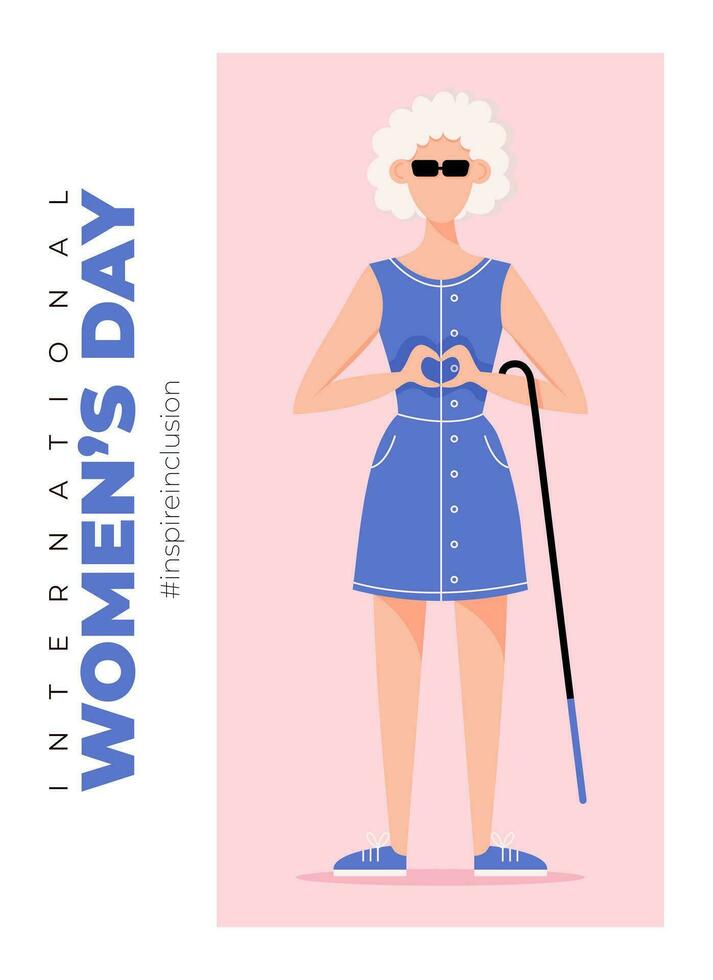 Internationale vrouwen dag poster. inspireren inclusie 2024 campagne. hand- getrokken vector illustratie van vrouw in gezichtsloos vlak stijl.