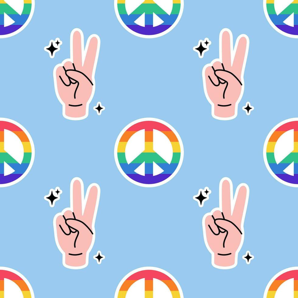 naadloos patroon met menselijk hand- tonen vrede, zege gebaar en en vrede teken in lgbt vlag kleuren. regenboog gekleurde vrede icoon. structuur met lgbt stickers in tekening stijl. vector illustratie