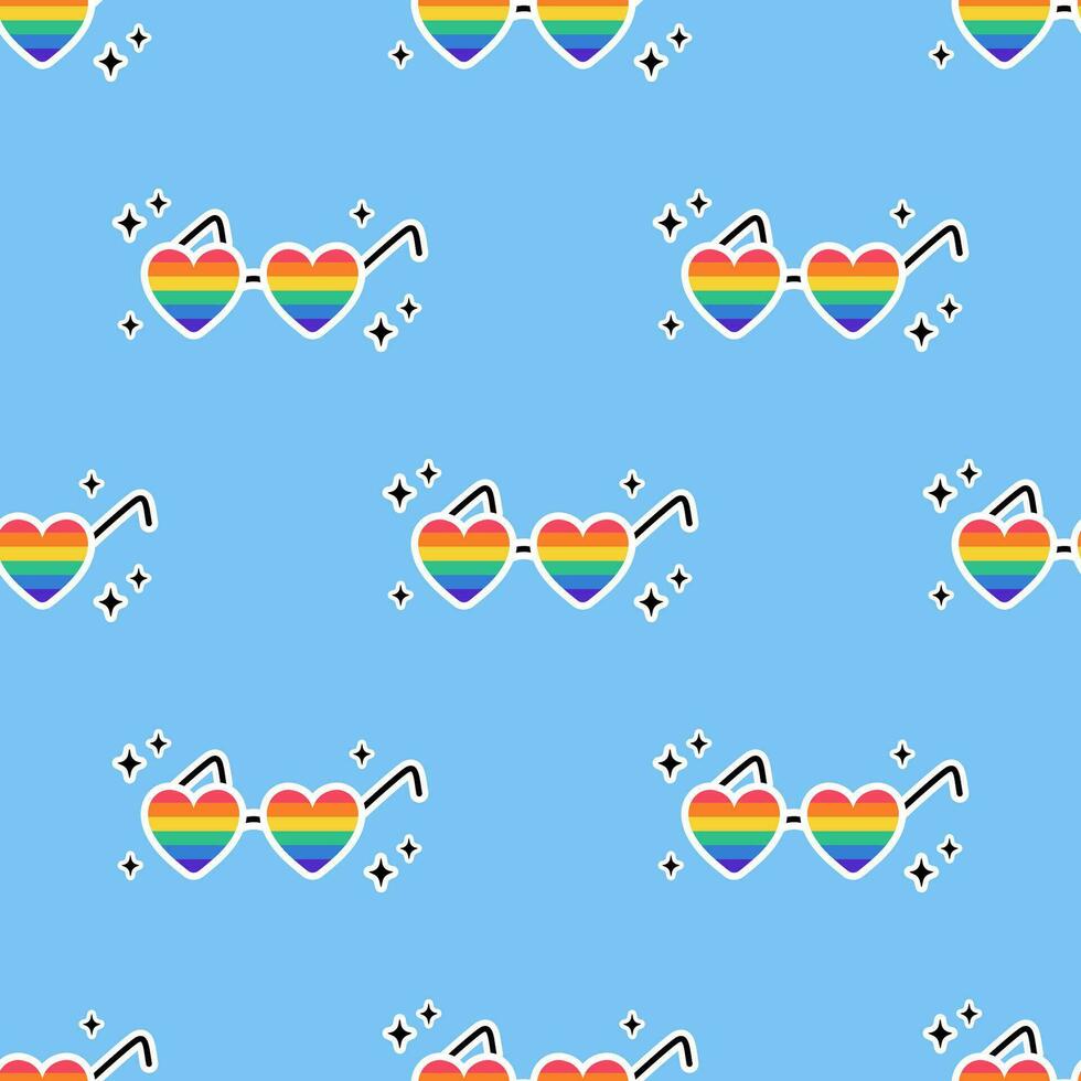 naadloos patroon met hart het formulier bril met lgbt vlag. regenboog gekleurde bril. lgbt structuur in tekening stijl. lgbtq, lgbt trots gemeenschap symbool. vector illustratie.