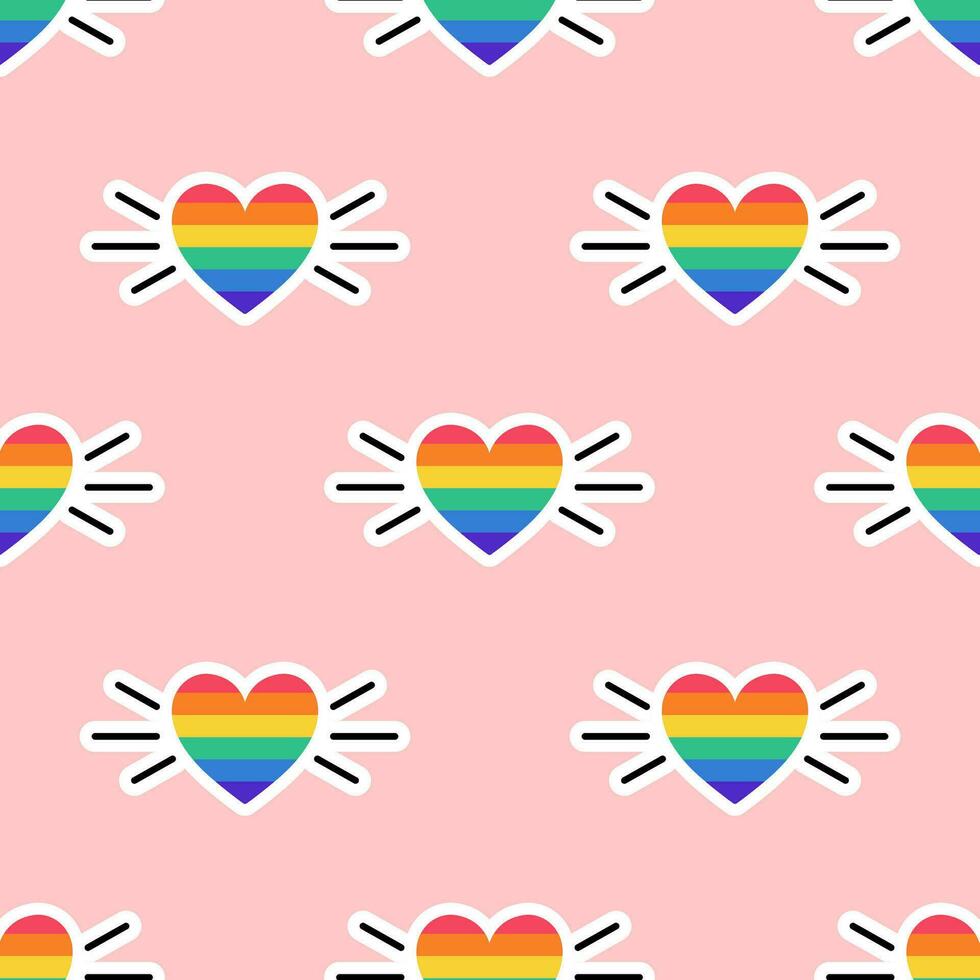 naadloos patroon met hart in lgbt vlag kleuren. regenboog gekleurde hart. lgbt sticker in tekening stijl. lgbtq, lgbt trots gemeenschap symbool. vector illustratie.