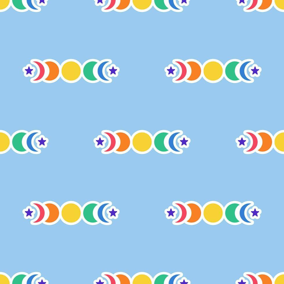 naadloos patroon met maan- fasen en sterren in kleuren van lgbt vlag. regenboog gekleurde maan- cycli teken. niet een fase concept. lgbtq, lgbt trots gemeenschap symbool. vector illustratie.