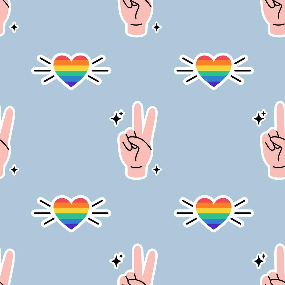 naadloos patroon met menselijk hand- tonen vrede, zege gebaar en hart in lgbt vlag kleuren. regenboog gekleurde hart icoon. structuur met lgbt stickers in tekening stijl. vector illustratie