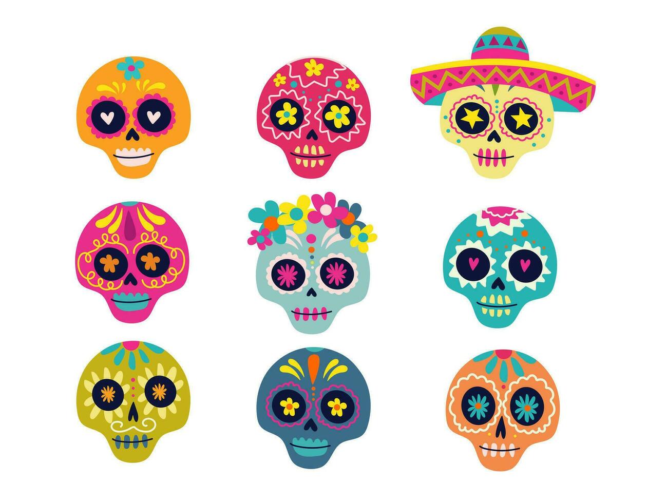kleurrijk schedels, Mexicaans suiker schedels voor dag van de dood, dia de los muertos. religieus kunst motief geïsoleerd vector set.