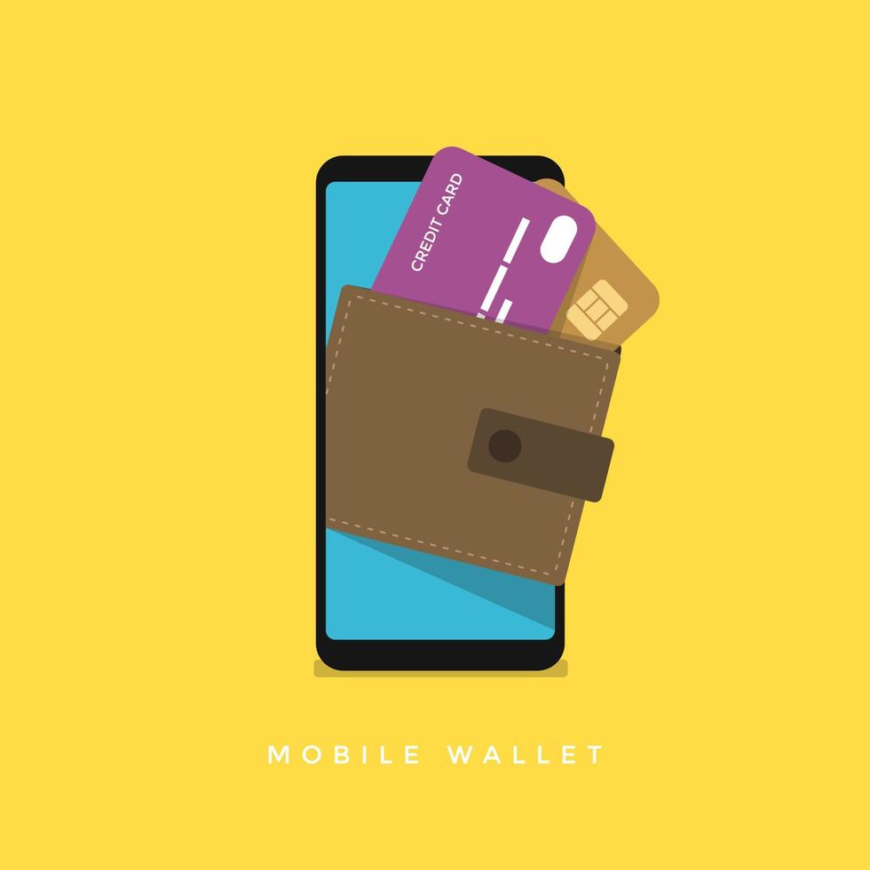 smartphonescherm met portemonnee en creditcards op het scherm. digitale mobiele portemonnee. vector