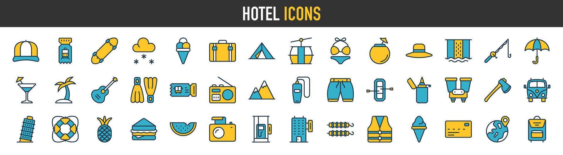 hotel pictogrammen set. reeks van appartement reservering, hotel boeken, huur herberg kamer, luchthaven, kamer Oppervlakte, vlak huur, vijf sterren hotel, onderhoud vector web icoon