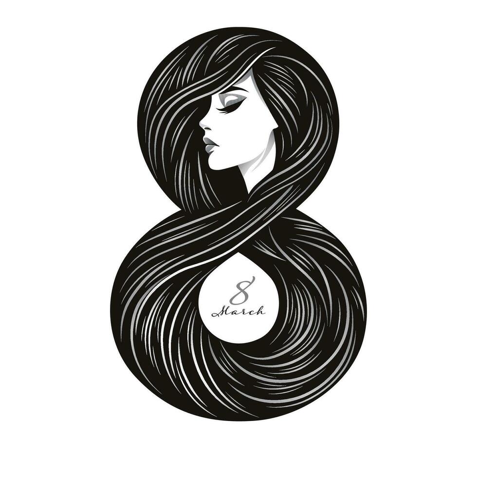 8 maart vrouwen dag. vector illustratie van een mooi meisje met lang haar.