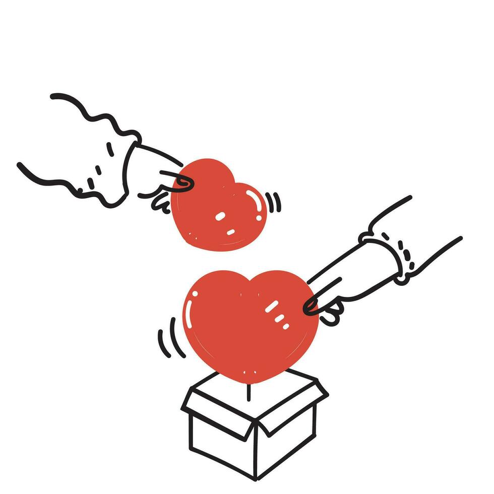 hand- getrokken tekening mensen zetten liefde in naar de doos vector