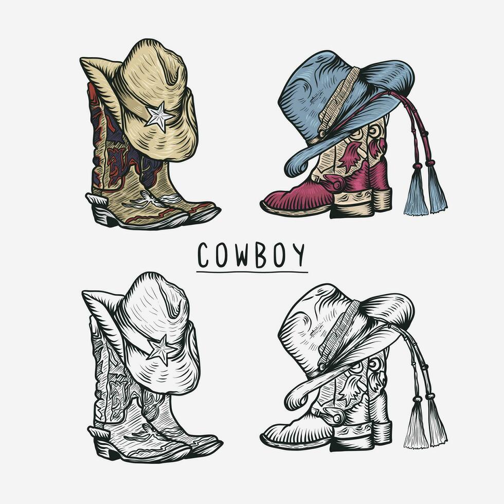 vector grafisch hand- getrokken illustratie rodeo cowboy laarzen en hoed geïsoleerd Aan wit voor afdrukken of ontwerp