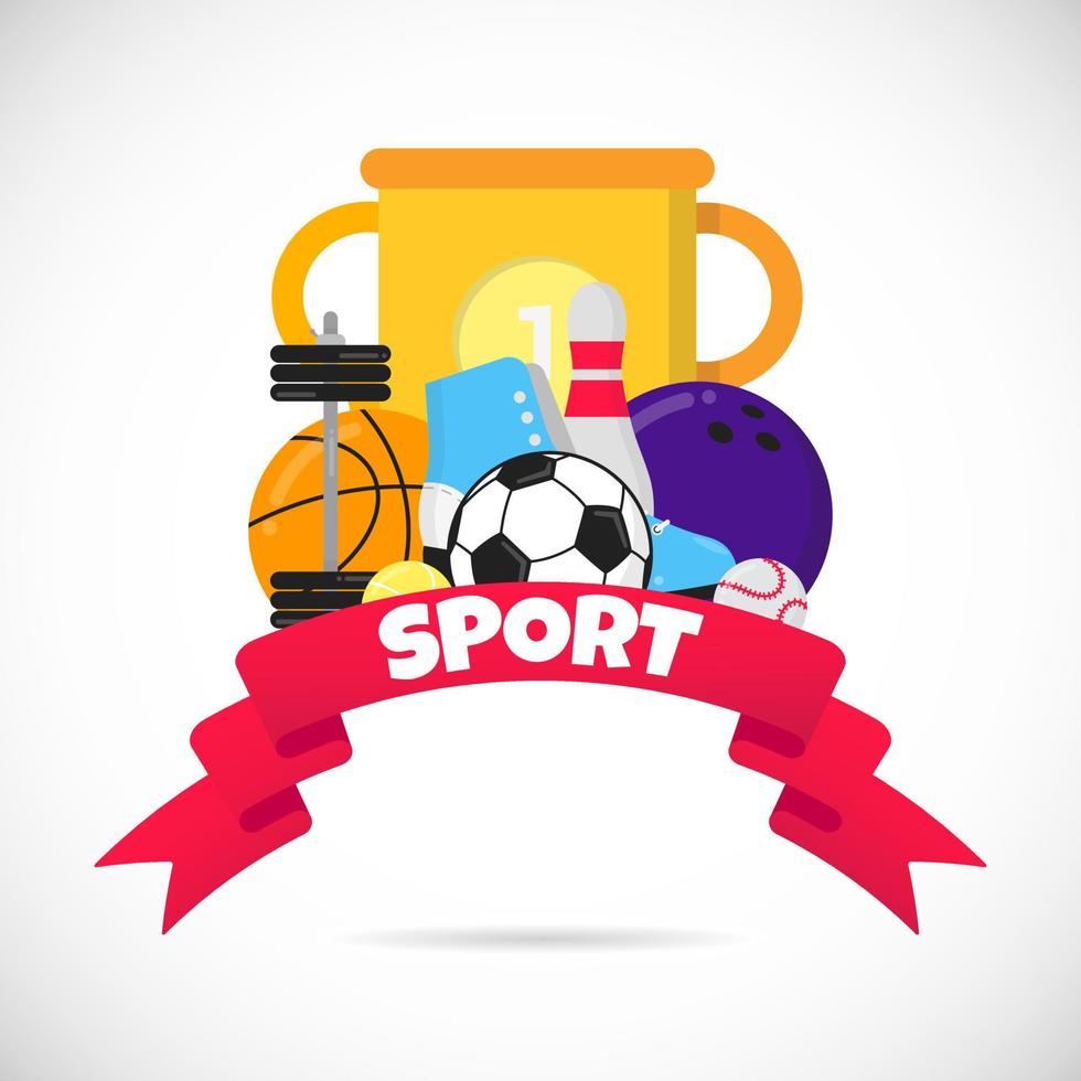 sport tijd vlakke stijl ontwerp apparatuur poster vectorillustratie met ballen - voetbal, voetbal, basketbal. beker beker, groot rood lint en tekst ruimte geïsoleerd op wit. vector