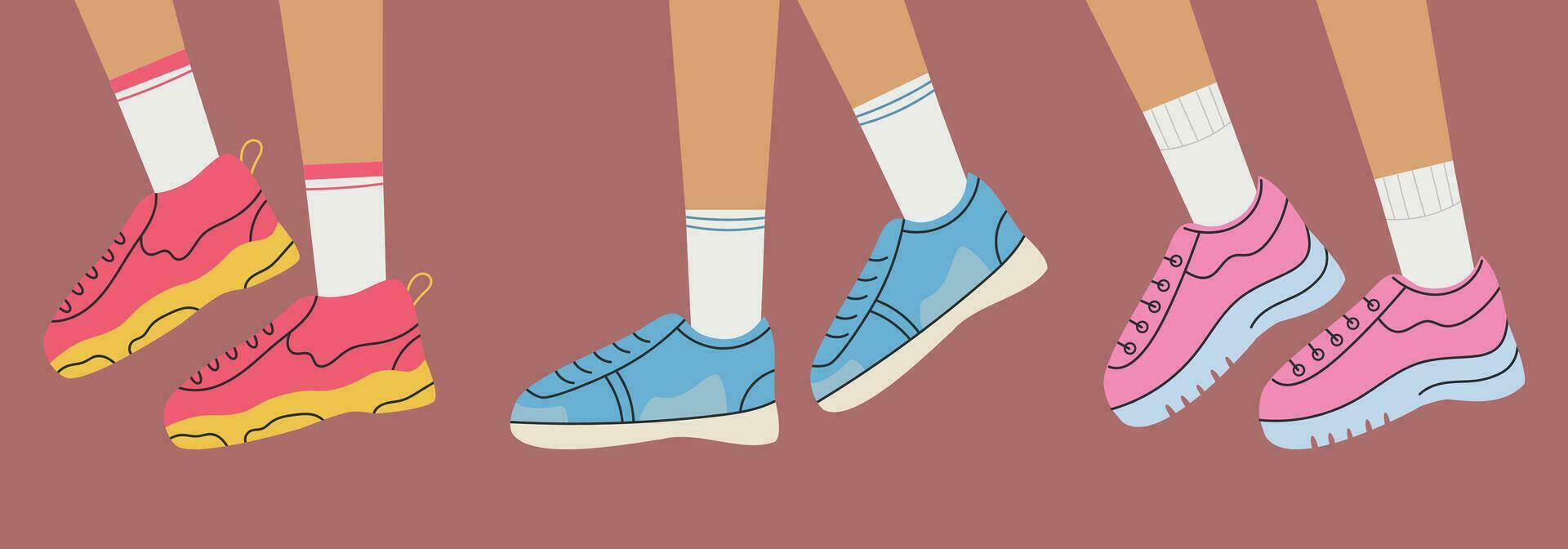 vector reeks van poten in sportschoenen, vrouwen mode schoenen, helder illustratie in vlak stijl