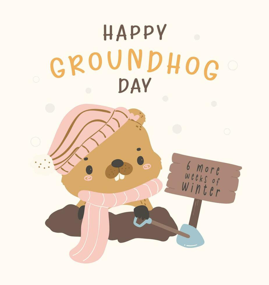 gelukkig groundhog dag met vrolijk tekenfilm groundhog Holding Schep en teken 6 meer week van winter. vector