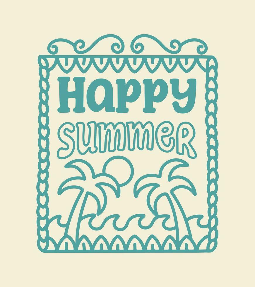 gelukkig zomer met de Golf en palm kokosnoot ontwerp in de omgeving van grafisch t overhemd insigne sticker vector illustratie