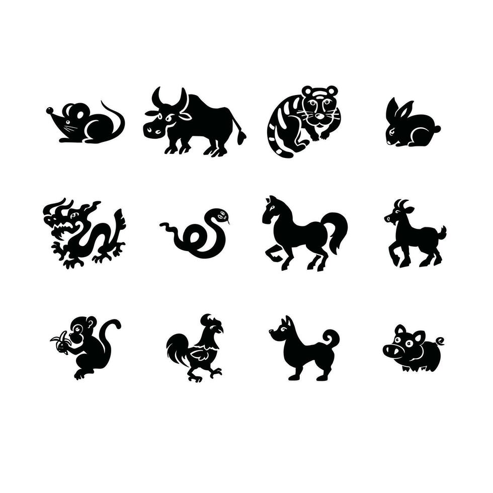 reeks van oostelijk horoscoop symbolen silhouetten vector illustratie