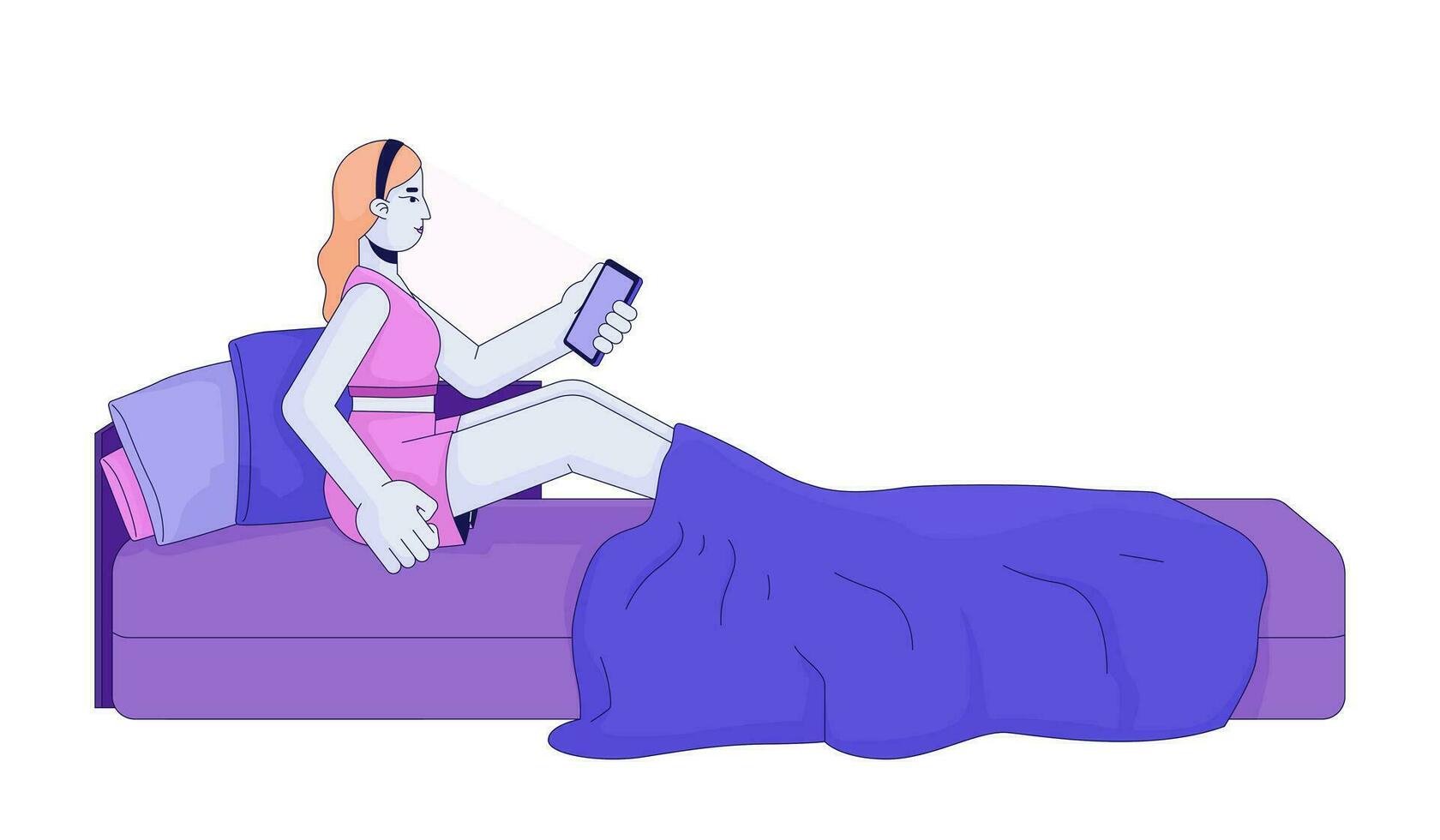 meisje met telefoon in rommelig bed 2d lineair tekenfilm karakter. blond Kaukasisch vrouw Holding smartphone geïsoleerd lijn vector persoon wit achtergrond. doomscrolling mobiele telefoon kleur vlak plek illustratie