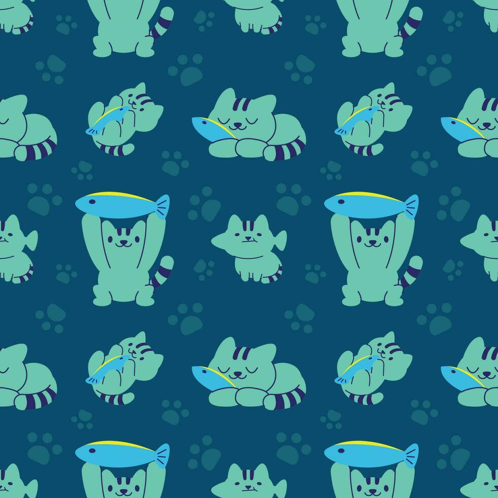 schattig groen katten Holding een vis patroon ontwerp vector