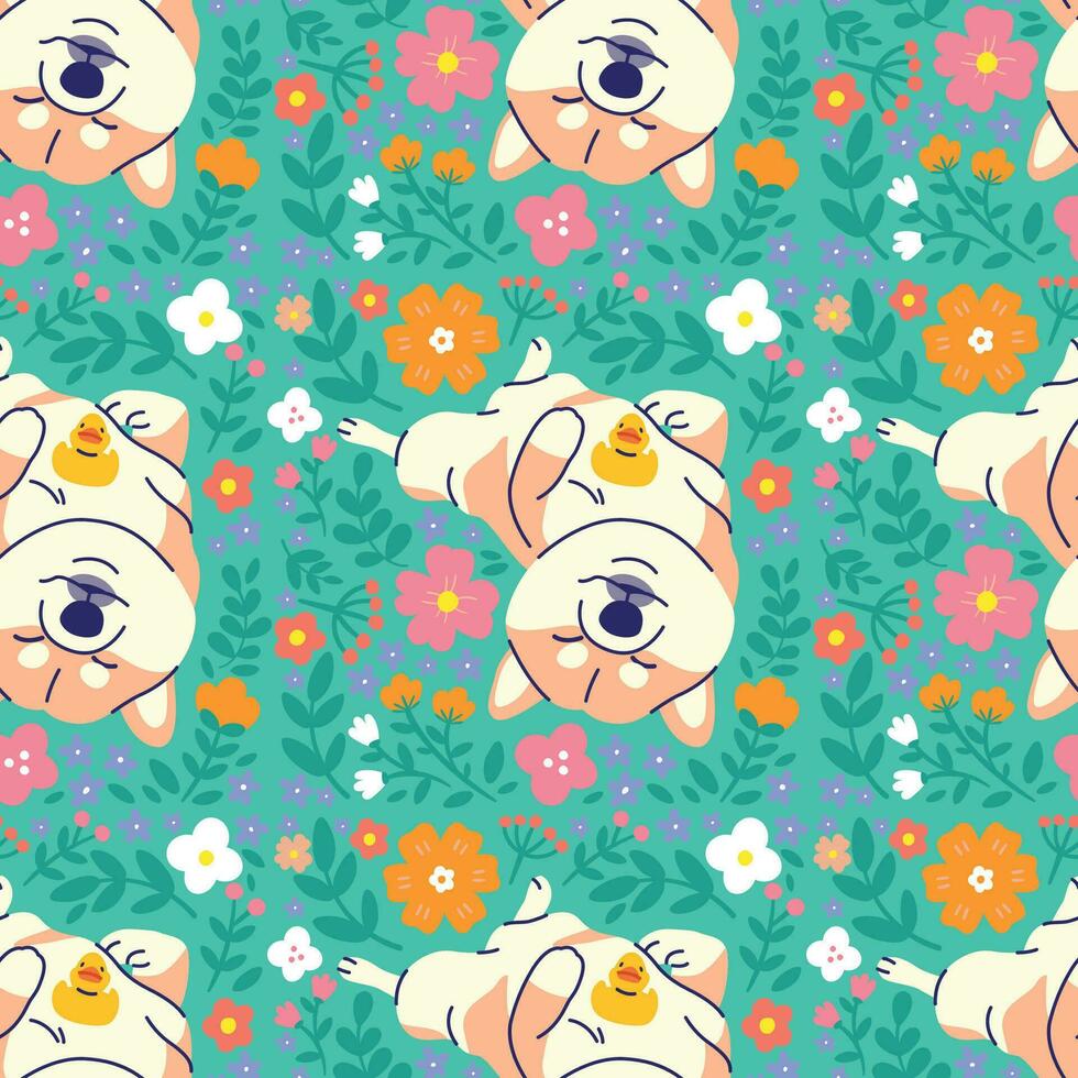 schattig shiba inu met bloemen naadloos patroon vector