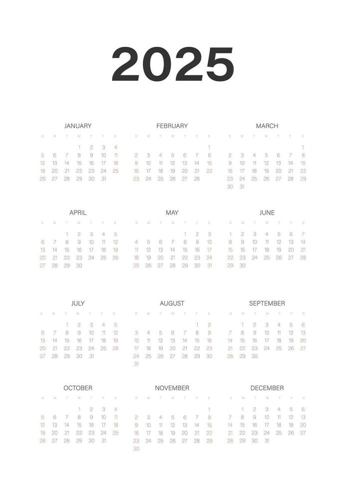 kalender 2025 verticaal a3 a4 a5 week begin zondag zakelijke ontwerp ontwerper sjabloon. vector grafisch