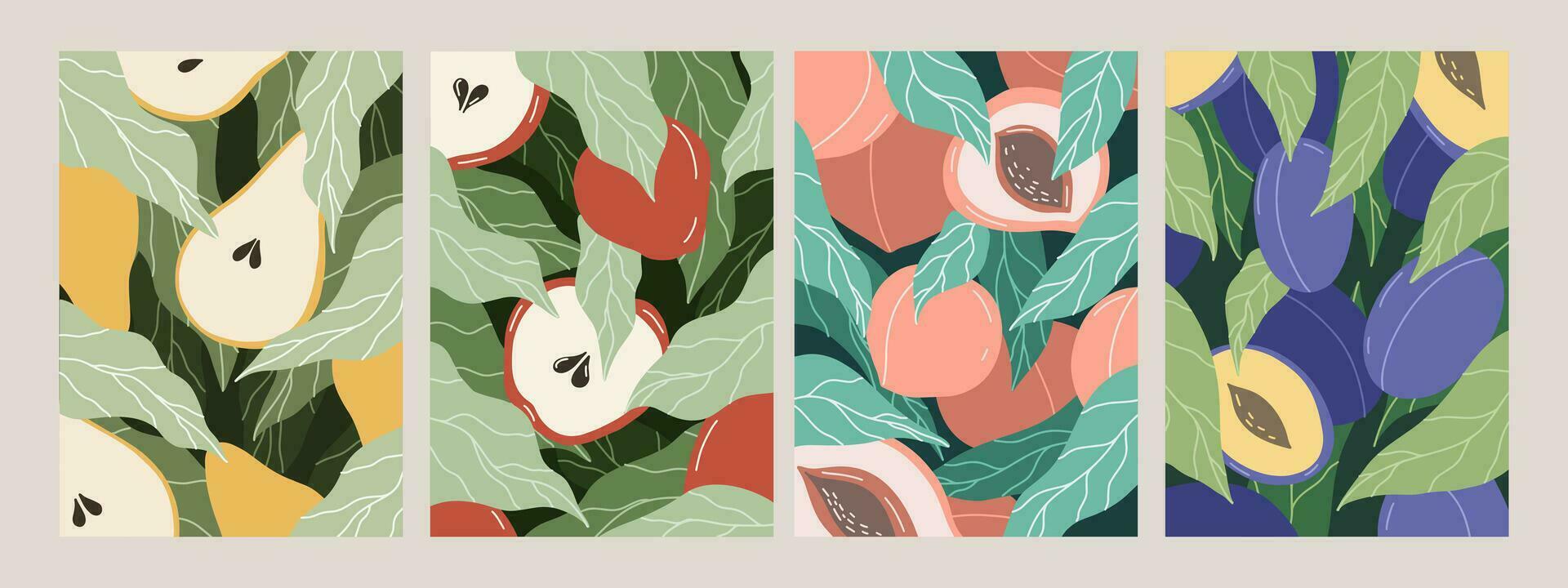 reeks van posters met vruchten. kaarten met Peer, abrikoos, appel, pruim. vector vlak illustratie