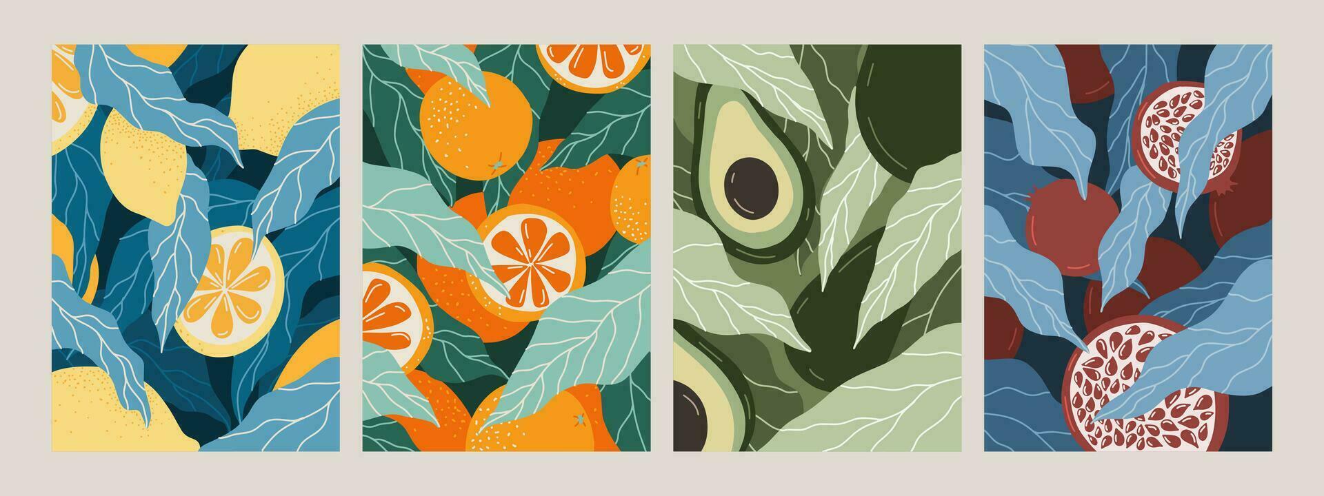 reeks van posters met vruchten. kaarten met oranje, citroen, avocado, granaatappel. vector vlak illustratie