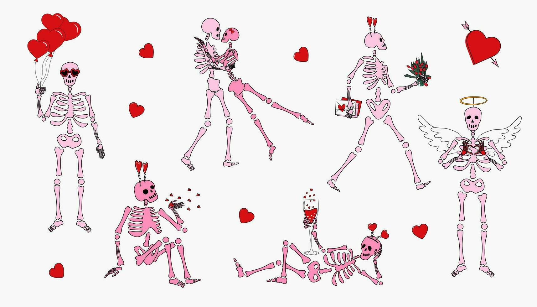 reeks van grappig skeletten met decor voor Valentijnsdag dag. schattig karakter skelet botten vector