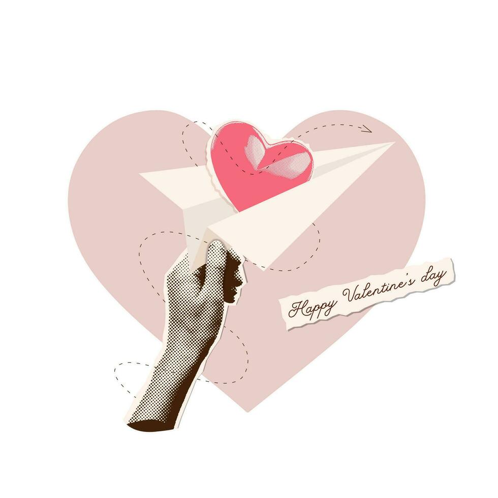 hand- Holding papier vliegtuig draag- een roze hart. concept van kennisgeving of liefde brief in stippel halftone collage stijl. online sociaal media vector retro illustratie met uitknippen papier elementen.