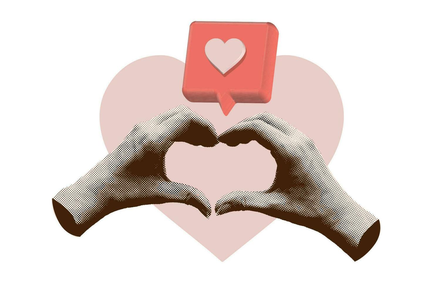 gelukkig Valentijn s dag kaart. handen maken hart vorm met 3d Leuk vinden bericht. hedendaags kunst collage voor Valentijn s dag decoratie. vector illustratie. modern ontwerp met besnoeiing uit halftone armen.