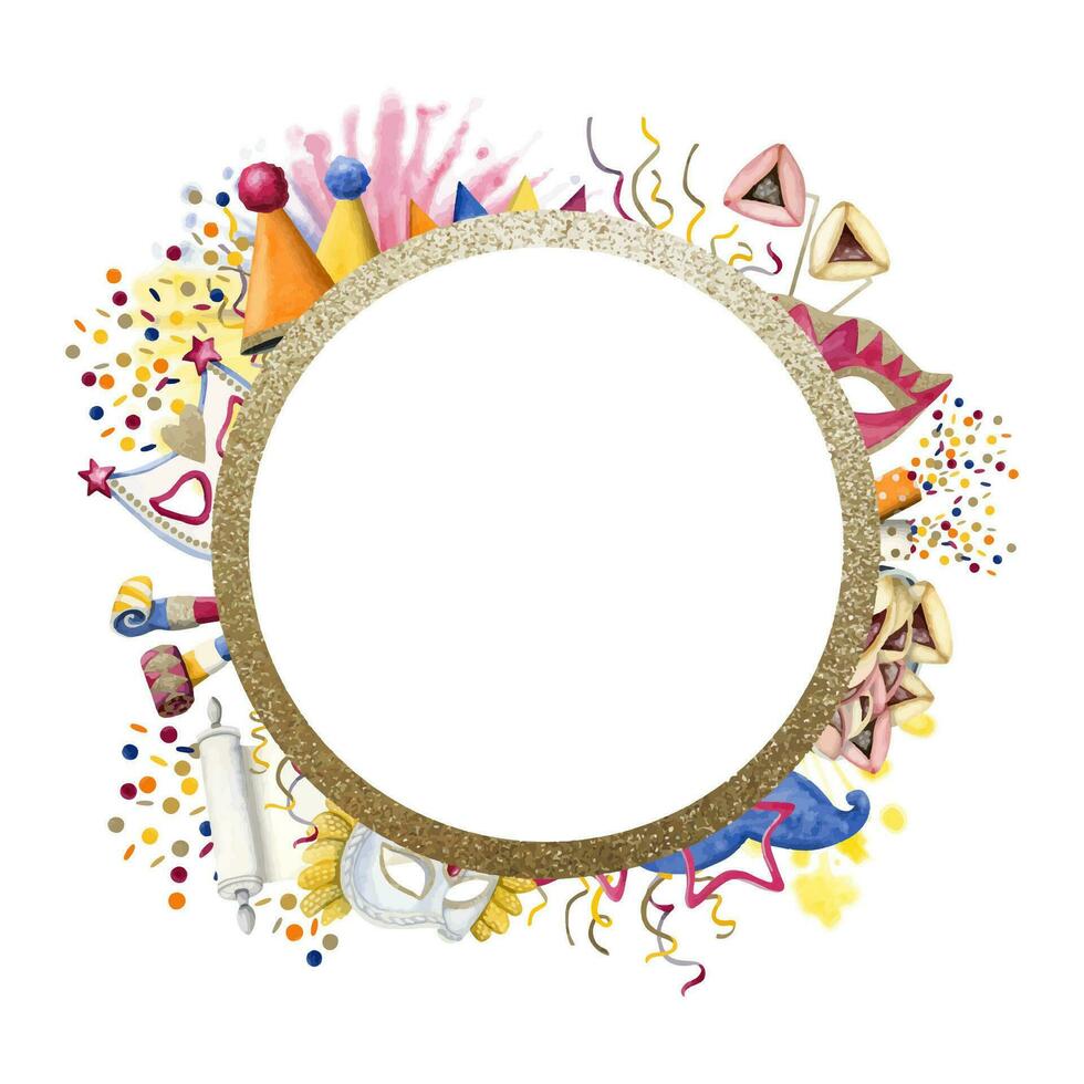 groet sjabloon met Purim symbolen, confetti, maskers, vuurwerk. ronde goud kader voor sociaal media blog berichten vector