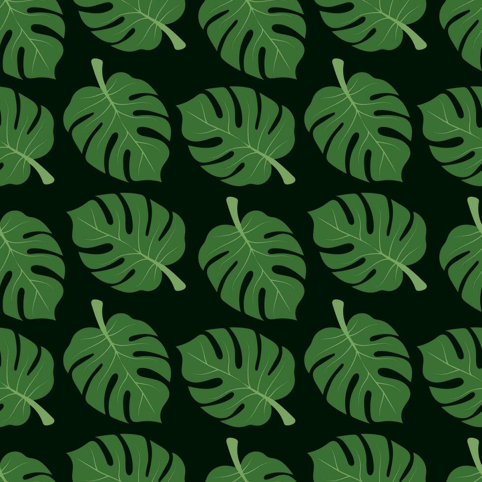 naadloos monstera patroon. palm bladeren Aan een donker groen achtergrond. voor omhulsel papier, behang, kleding vector