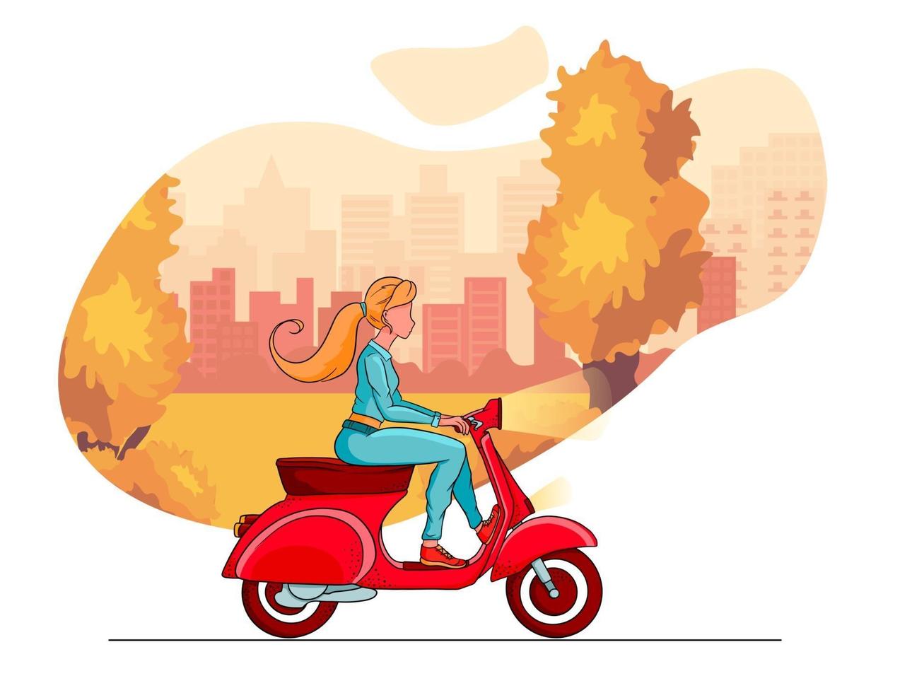 herfstparkbomen, een stad en een meisje op een rode scooter. cartoon-stijl. vector