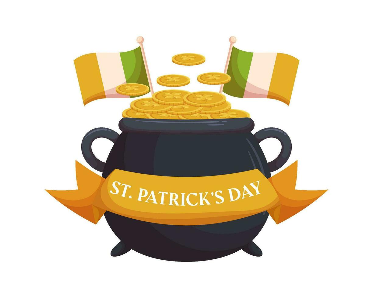 st.patricks dag vakantie ontwerp met elf van Ierse folklore pot ang goud munten, Iers vlaggen en lintje. vector