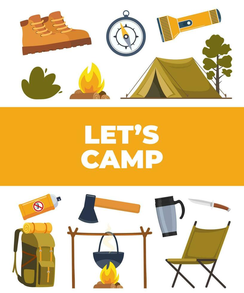 zomer camping en wandelen uitrusting set. groot verzameling van pictogrammen voor sport, avonturen in natuur, recreatie en toerisme concept ontwerp. vector illustratie.