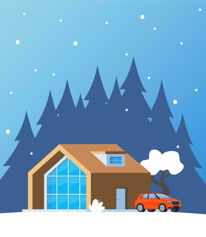 winter landschap met groot huis. winter vakantie. schattig winter landschap voor vakantie spandoek. lief huis in een besneeuwd vallei. winter cabine. vector illustratie.