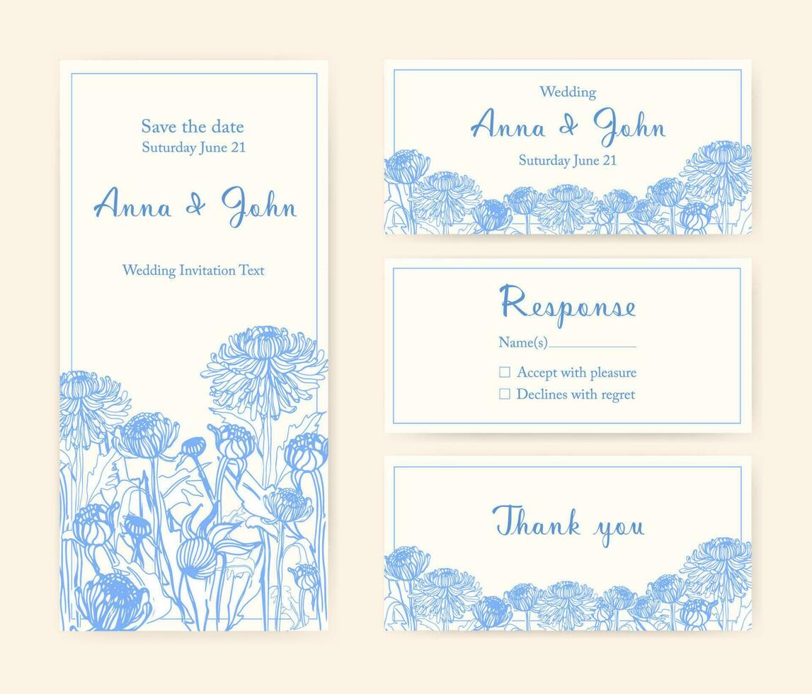 bruiloft uitnodiging kaarten met chrysant bloemen. verschillend verticaal en horizontaal Sjablonen. monochroom vector illustratie.