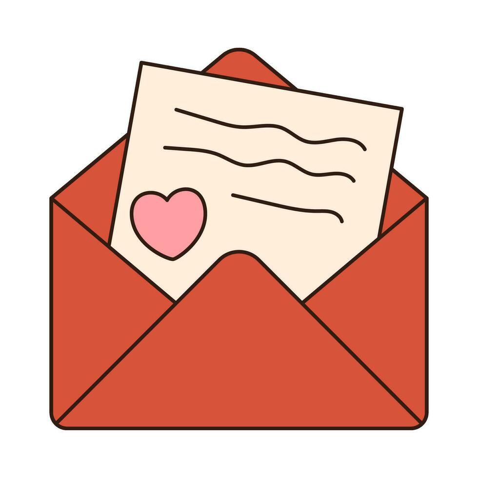 groovy liefde brief envelop retro icoon retro tekenfilm valentijnsdag dag element in modieus retro Jaren 60 jaren 70 stijl. vector illustratie.