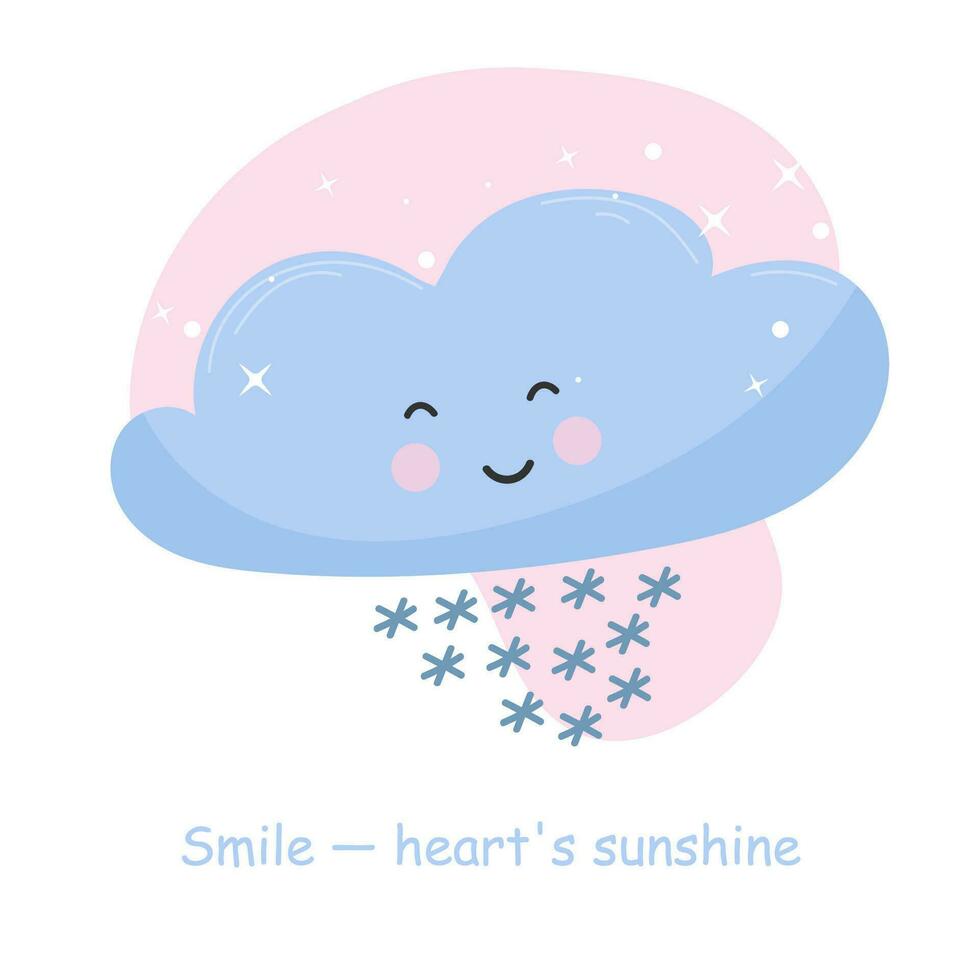 schattig wolk karakter. ansichtkaart met een motiverende inscriptie. vierkant. schijnen. lucht. roze achtergrond. baby schattig vector illustratie.