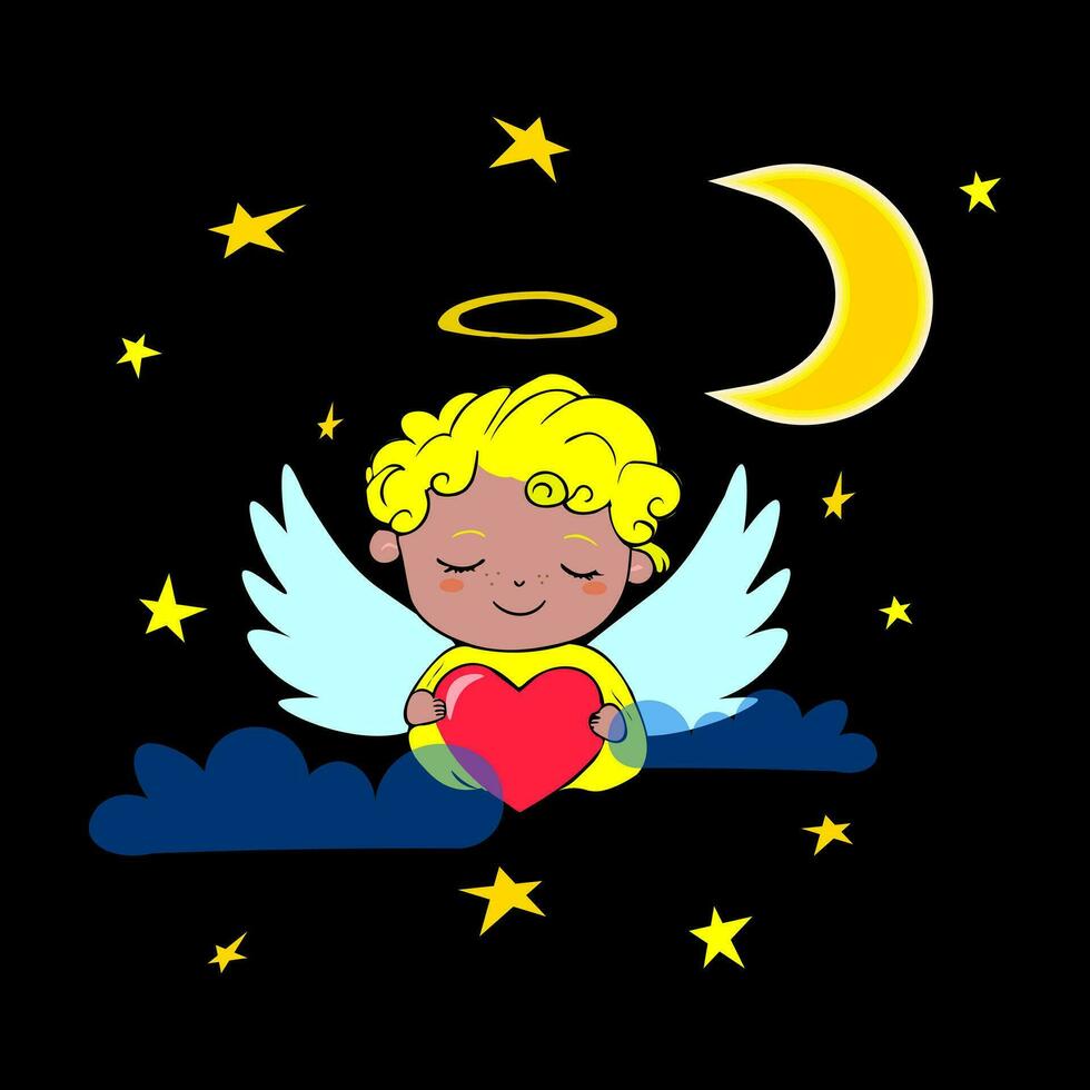 schattig engel met hart en maan Aan de nacht lucht. vector illustratie