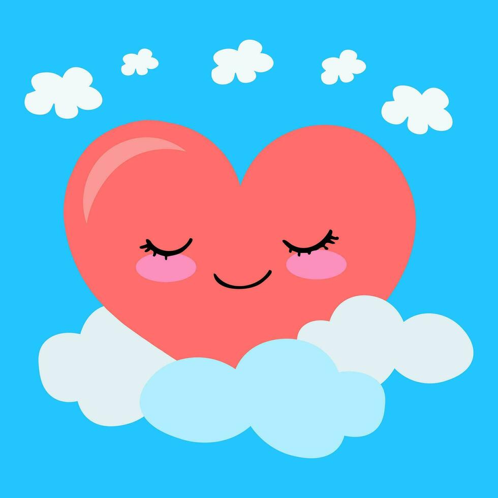 schattig kawaii hart Aan de wolken. vector illustratie.