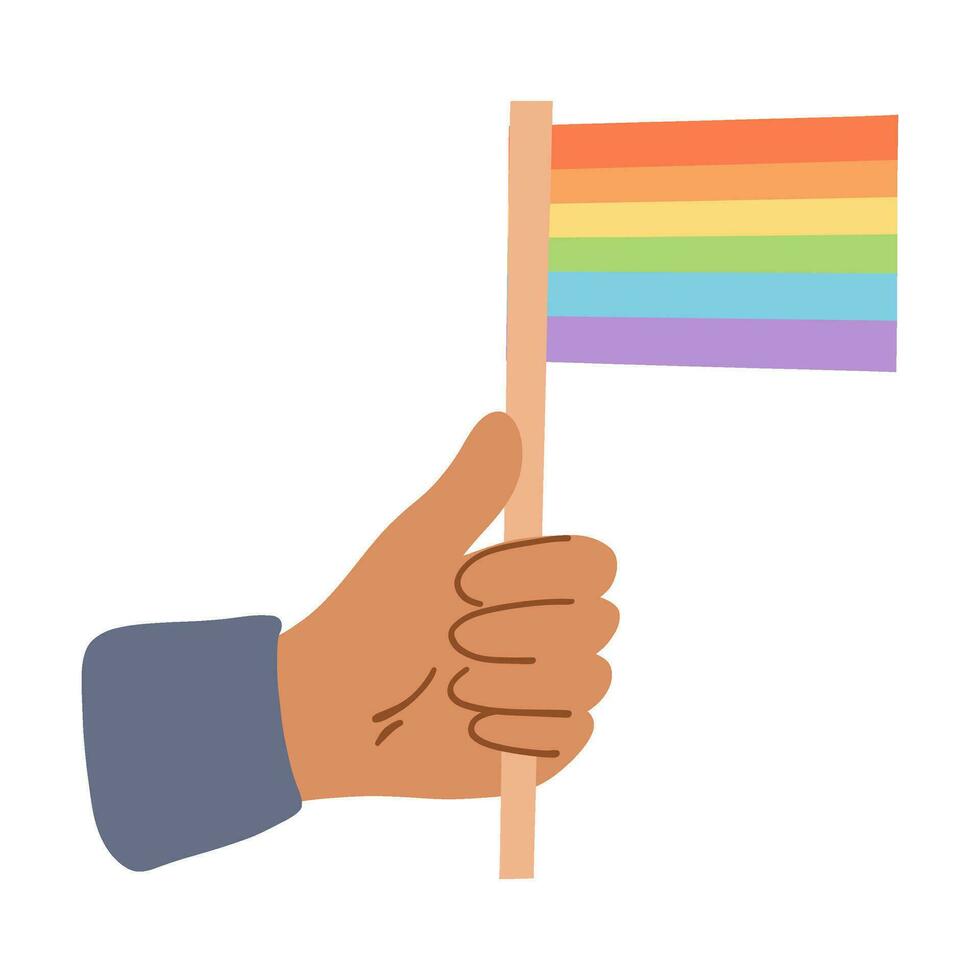 hand- Holding regenboog vlag. trots maand, lgbtq beweging, mensen diversiteit, geslacht gelijkwaardigheid. vector