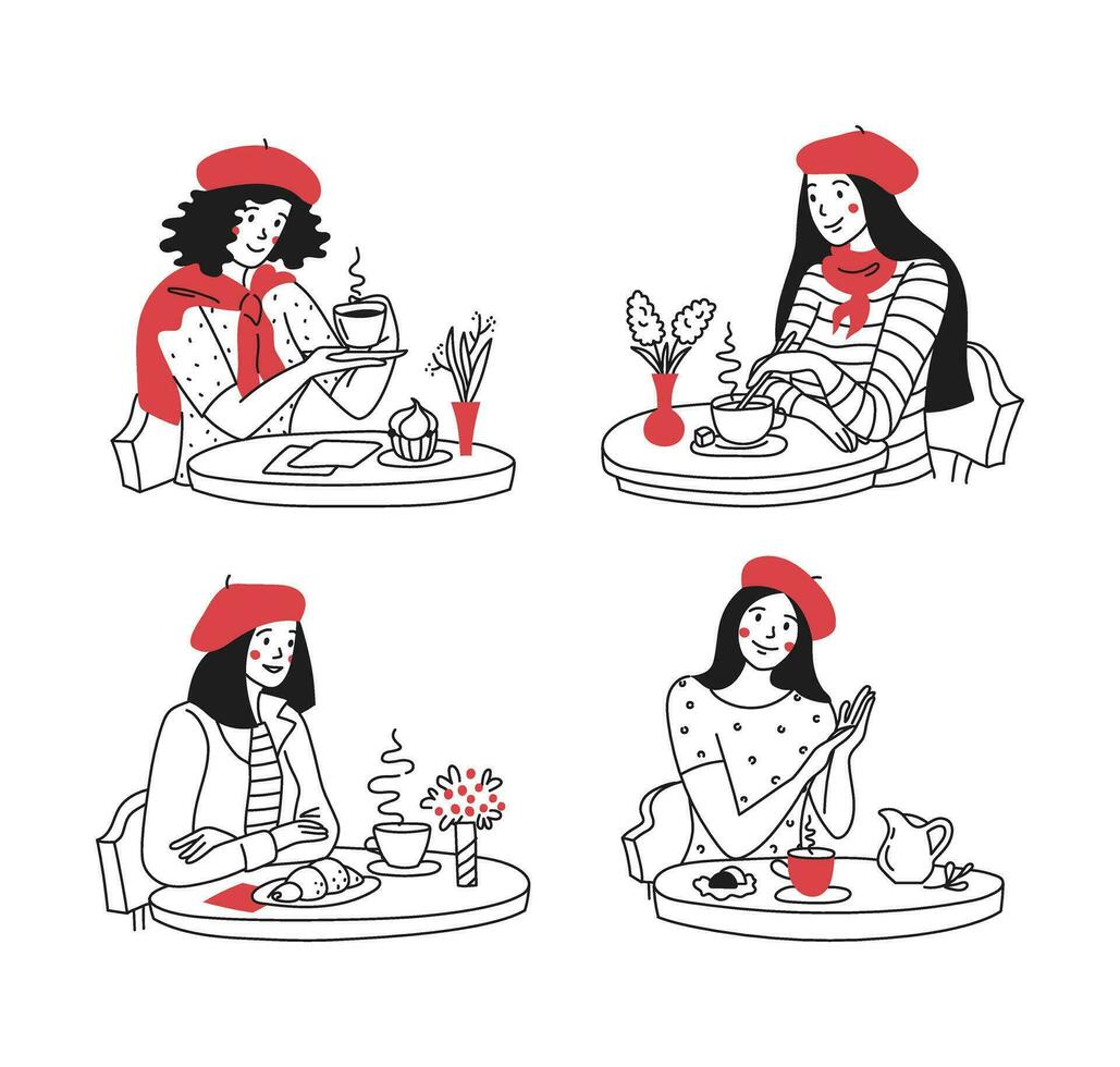 reeks van vrouw genieten van koffie en bakken in charmant Parijse cafés. Frans mode, rood baret. hand- getrokken vector doodles