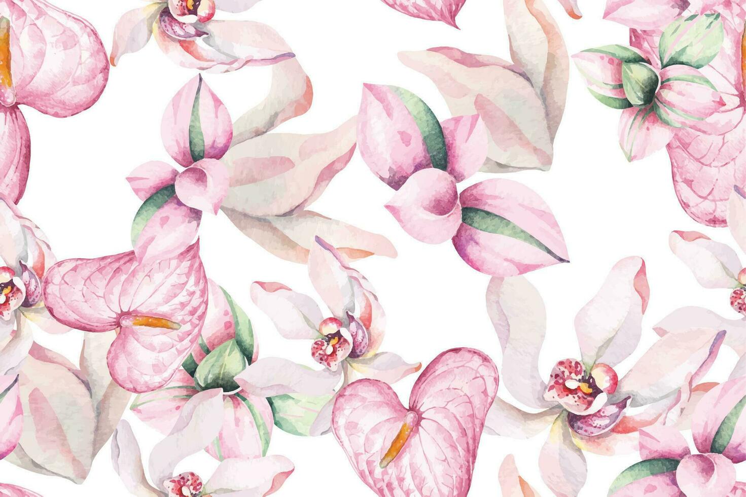 naadloos patroon van orchideeën en anthurium.ontworpen met bloemen patronen geschilderd met aquarellen met elegante.orchidee achtergrond.compositie van tropisch vegetatie voor natuurlijk stijl achtergronden. vector