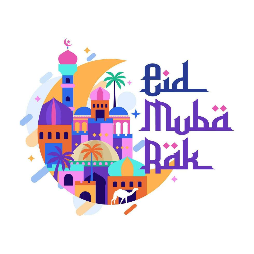 eid mubarak met Arabisch stad achtergrond vector