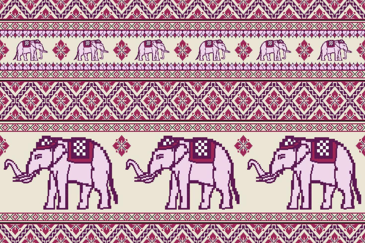 traditioneel etnisch Thais olifant pixel kunst patroon Aan beige achtergrond. vector ontwerp voor kleding stof, tapijt, kleding, borduurwerk, tegel, behang, en achtergrond