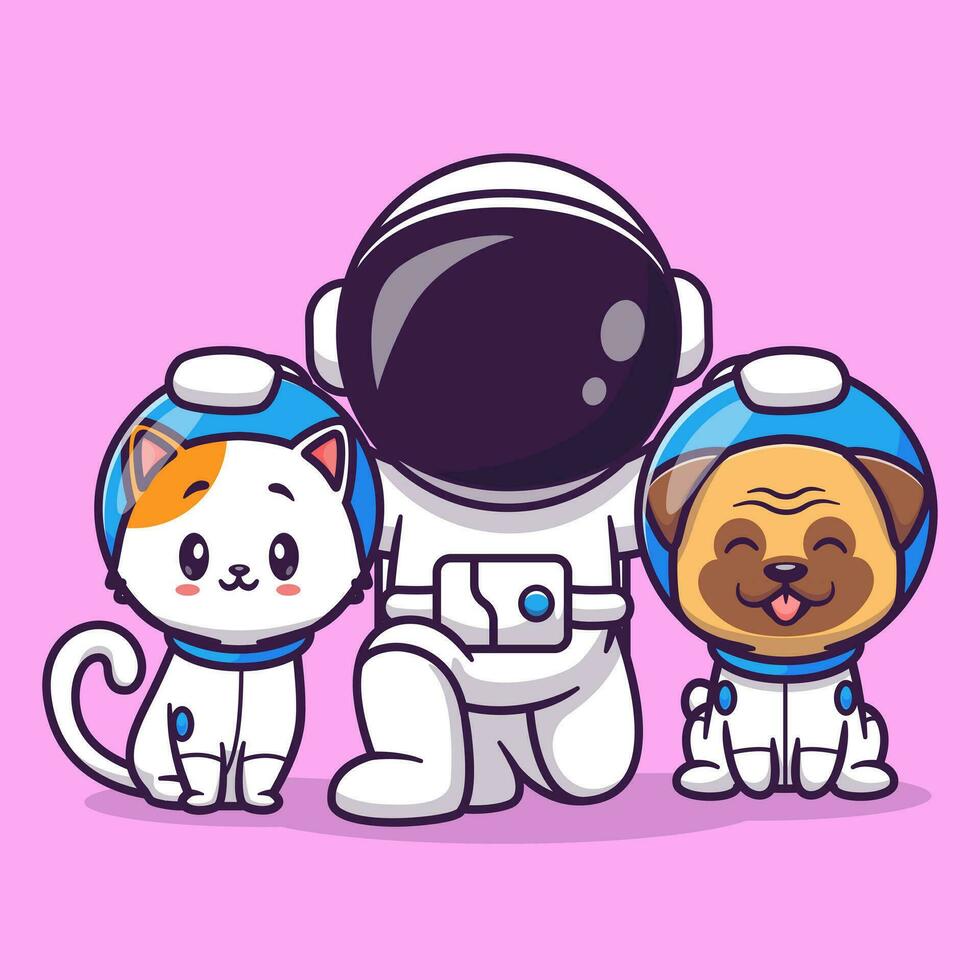 schattig astronaut met kat en mopshond hond tekenfilm vector icoon illustratie. wetenschap dier icoon concept geïsoleerd premie vector. vlak tekenfilm stijl